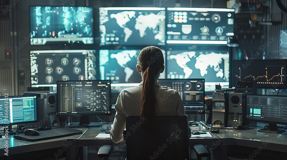 Poster a female system engineer controls operations while working monitors show various data in the backgro
