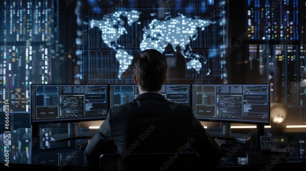 Poster this is a screenshot of a technical controller working at his workstation with multiple display scre