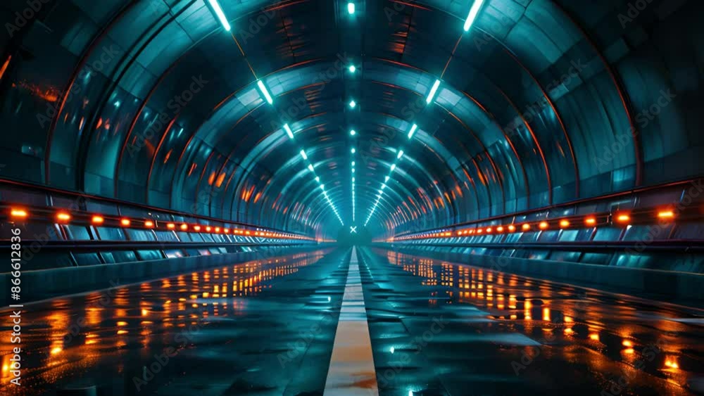 Poster a wet road leads through a neon lit tunnel, with the glowing lights reflecting on the pavement.