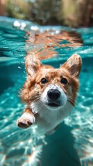 Vertical underwater portrait of a corgi dog swimming submerged in a pool. Ideal for social media. Generative Ai.