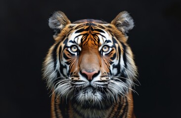 Fototapeta premium A Close-Up Portrait of a Majestic Tiger Against a Dark Background