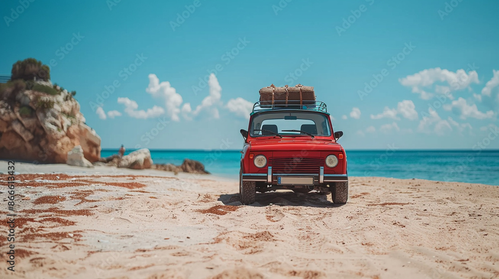 Wall mural red retro car with a suitcase standing on the beach near the sea generativa ia