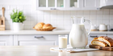 Fresh Milk and Bread in a Bright Kitchen. A bright, modern kitchen with white cabinets serves as the backdrop for a rustic scene of freshly baked bread.