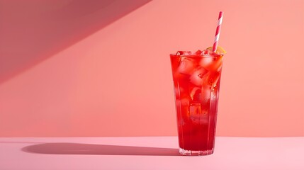 Light Red Summer Drink on a pink Background with Sunlight and Shadows