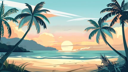 Fototapeta premium A picturesque tropical beach scene with palm trees silhouetted against a vibrant sunset over the ocean.