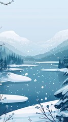 A serene winter landscape with snow-covered mountains, a winding river, and a dusting of fresh snow.