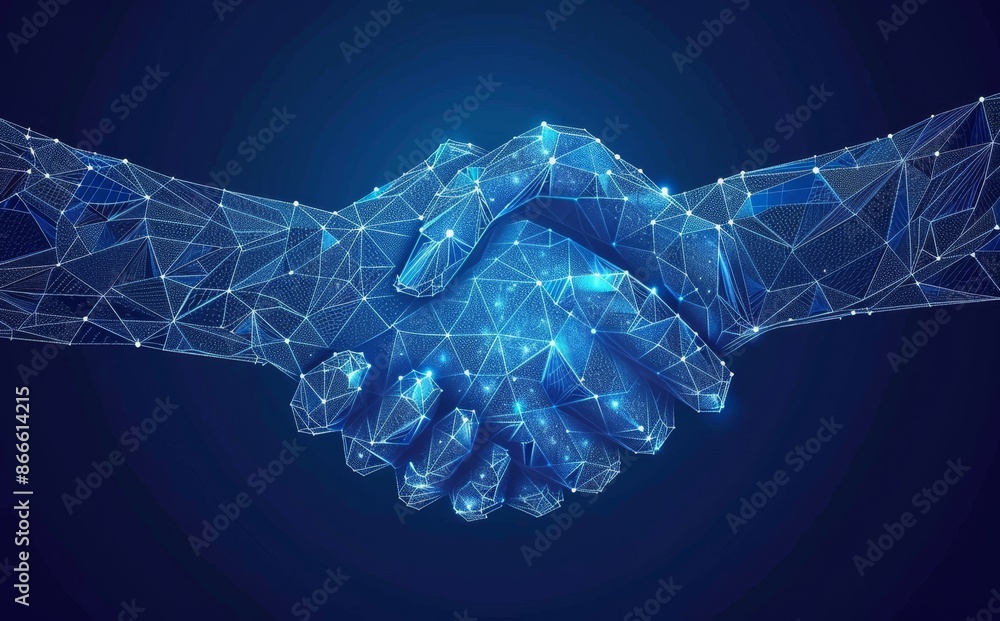 Poster an abstract three-dimensional modern illustration of two hands with connected dots and triangles on 