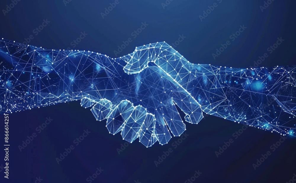 Poster an abstracted digital handshake is being presented on a blue technology background. it is comprised 
