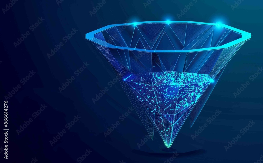 Aufkleber data flow and digital funnel in techno blue background. marketing and analytics concept. low polygon