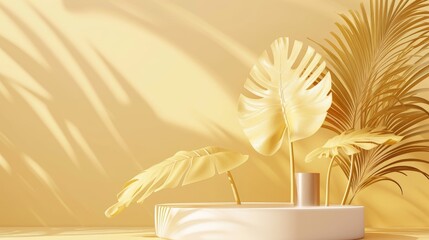 3D Mockup white round podium platform with yellow monstera and palm leaves on yellow backdrop for summer product displays