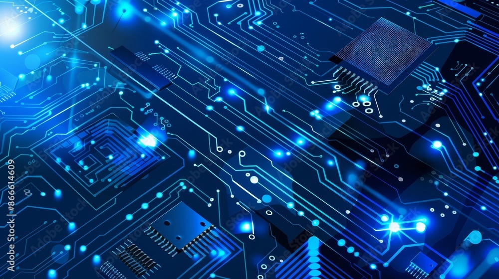 Poster blue circuit trace lines on a dark technology background. abstract digital technology background. co