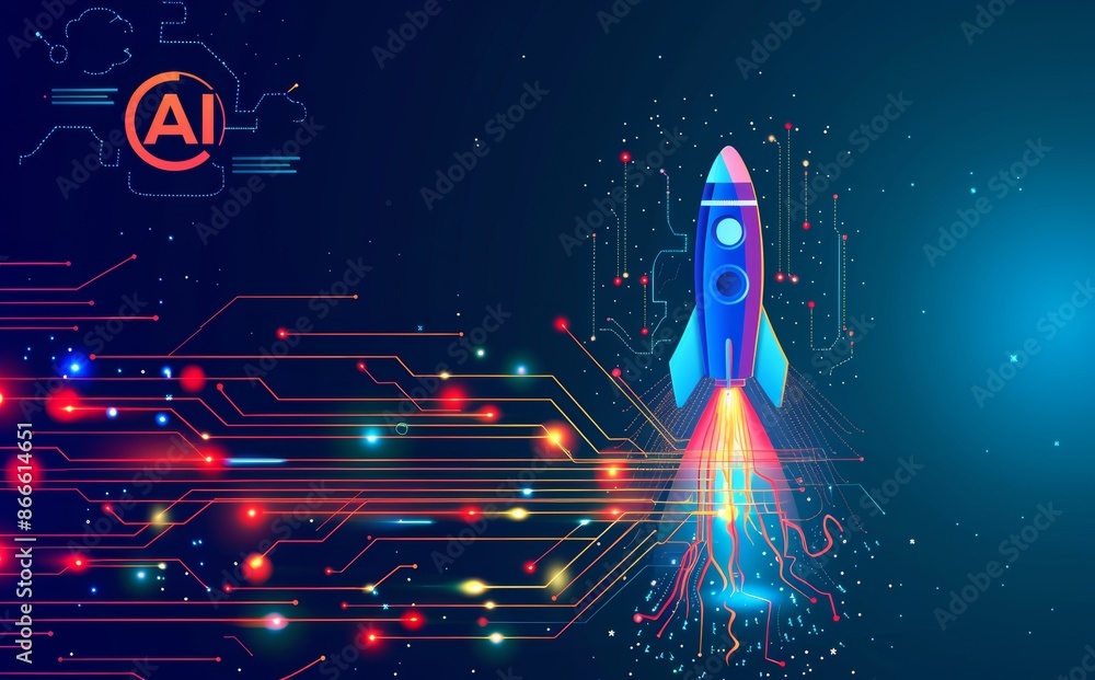 Poster spaceship launch concept with digital abstract rockets and ai chips. abstract technology light blue 