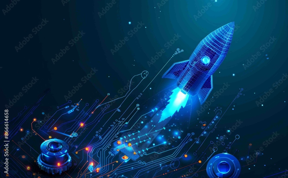 Poster abstract digital rocket and light cpu processor on technology blue background. semiconductor or micr