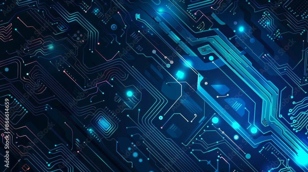 Poster computer chip on a circuit board with an abstract background in blue. high poly wireframe semiconduc