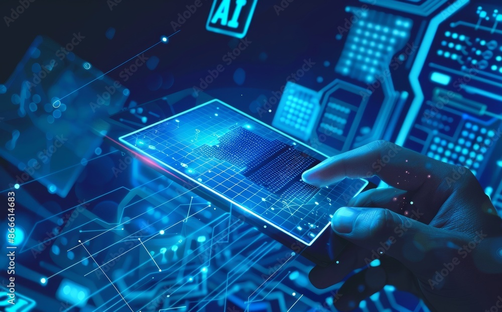 Poster in the background is an abstract wireframe of a man holding a tablet with an ai chip hologram. techn