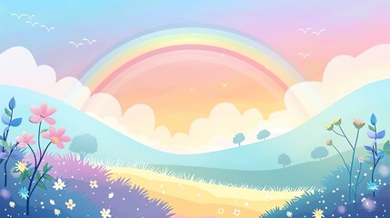 Pastel rainbow arching over a field of flowers and rolling hills