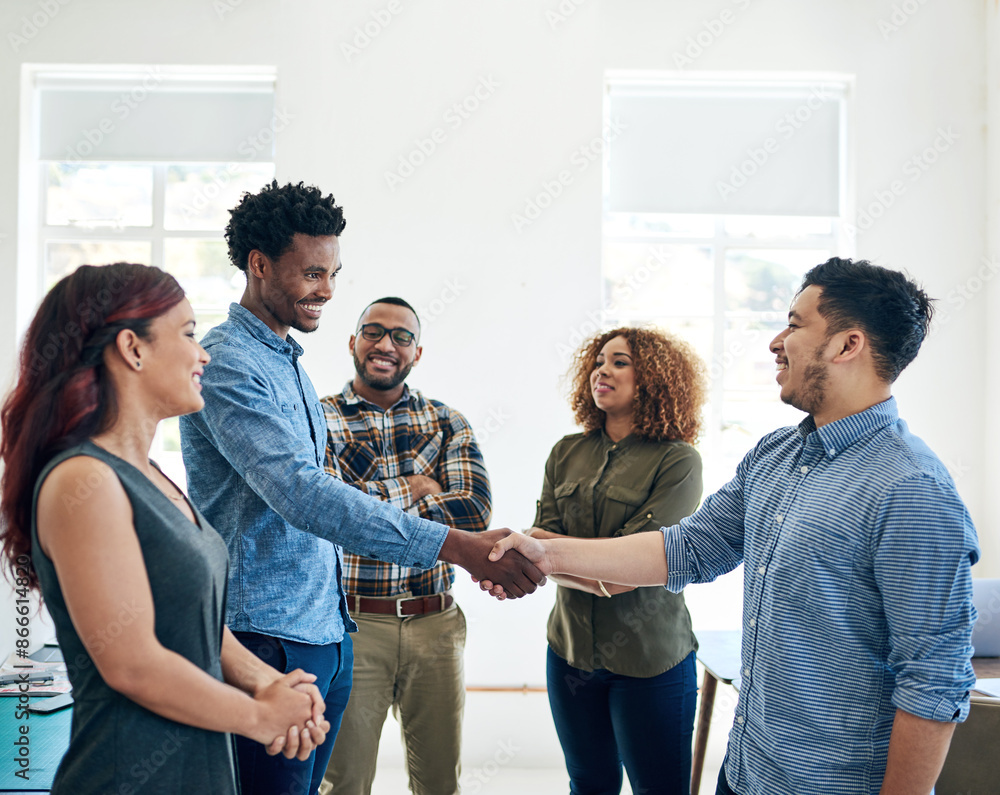 Poster Business people, handshake and meeting for startup introduction, welcome or onboarding at creative agency. Group or graphic designer shaking hands for collaboration and hiring in office diversity