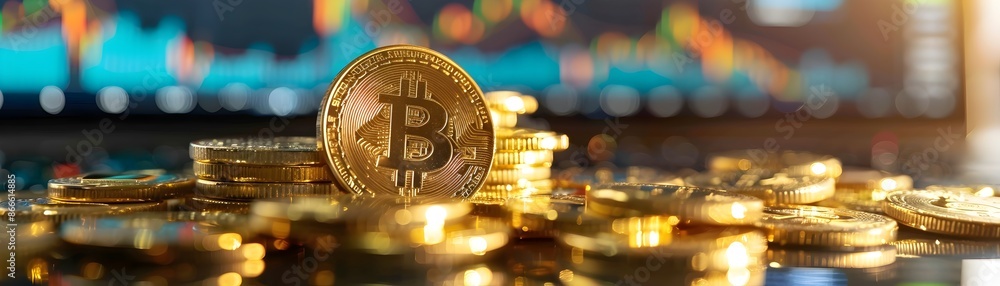 Aufkleber golden coins and bars on trader s desk with financial charts in background