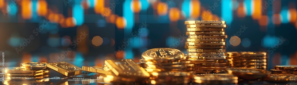 Poster piled golden coins and bars with financial charts on trader s desk