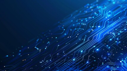 AI circuit board background. Technology connected blue lines and electronics elements on a tech background. Computer motherboard with a chip, processor, and semiconductor. Digital modern