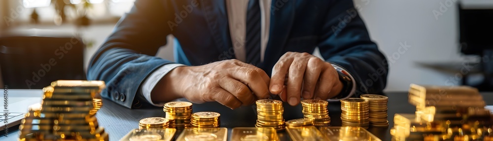 Poster organized wealth neatly arranged gold bars and coins on trader s desk
