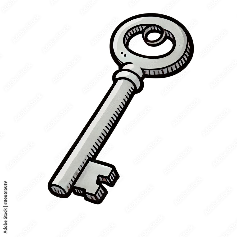 Poster a cartoon of an antique-style key with a distinctive round handle and a simple bit, depicted on a tr