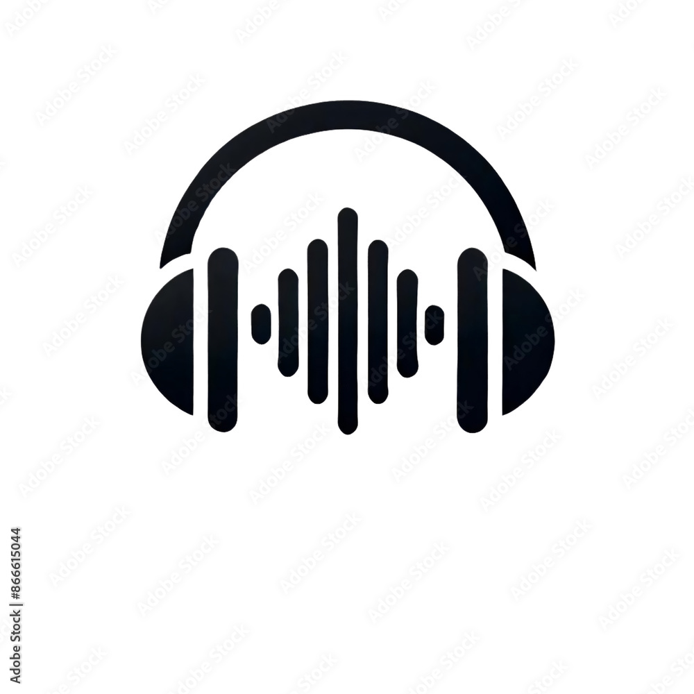 Poster a minimalist of a black headphone icon with a sound wave pattern in the middle, depicted on a transp