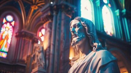 Obraz premium A majestic statue of Jesus in a church, bathed in the colorful light from the stained glass windows in the background, creating a serene and spiritual atmosphere