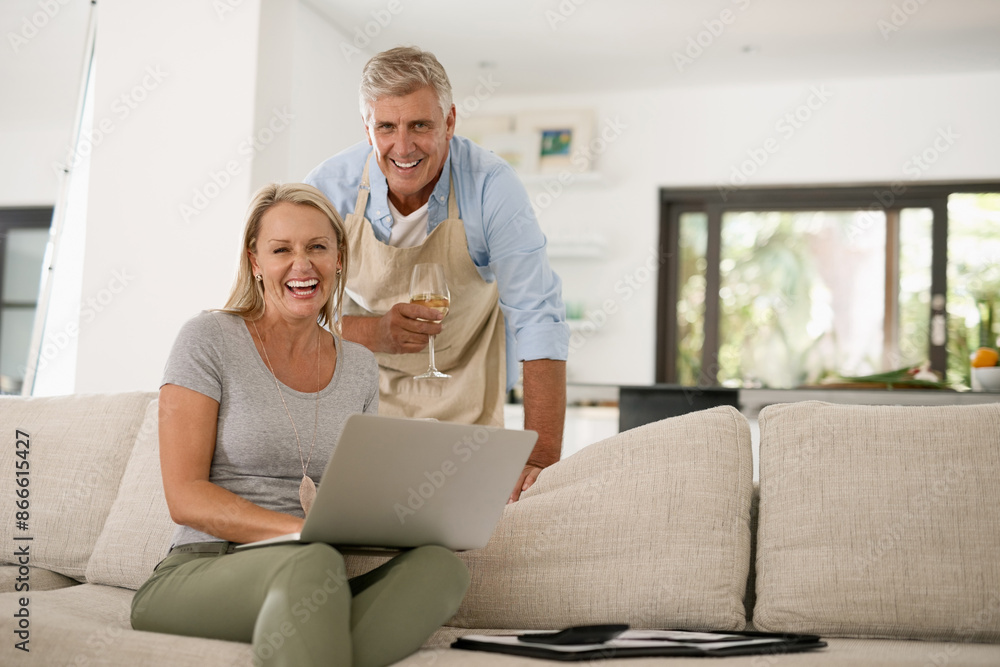 Canvas Prints Senior couple, portrait and laptop in home for admin, budget spreadsheet and calculating bills on sofa. Research, old man and woman with computer for retirement savings, pension plan and investment