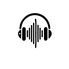A minimalist of black headphones with a sound wave pattern in the middle, depicted on a transparent background