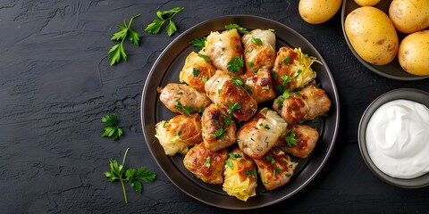 Traditional Estonian dish cabbage rolls with rice and meat, served with potatoes and sour cream. Concept Estonian Cuisine, Cabbage Rolls, Traditional Dishes, Meat and Rice, Potatoes and Sour Cream