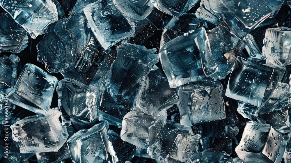 Poster close-up of ice cubes in various shapes, creating a detailed and abstract background