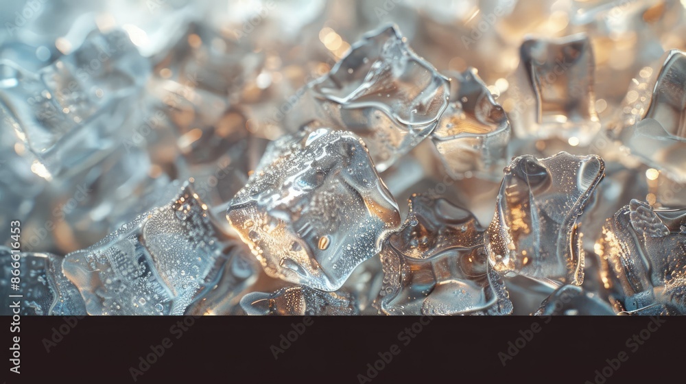 Poster close-up of ice cubes in various shapes, forming a textured and abstract background