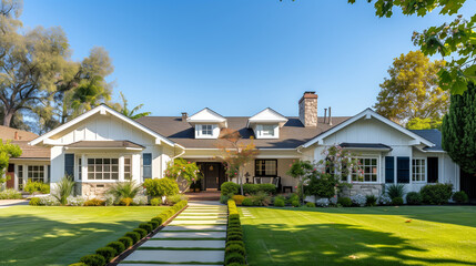 Modern One Story Ranch House with Garden. Architecture Exterior with Windows. Residential Building (one family). Real Estate. Suburban Residence.   