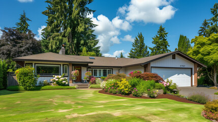 Modern One Story Ranch House with Garden. Architecture Exterior with Windows. Residential Building (one family). Real Estate. Suburban Residence.   