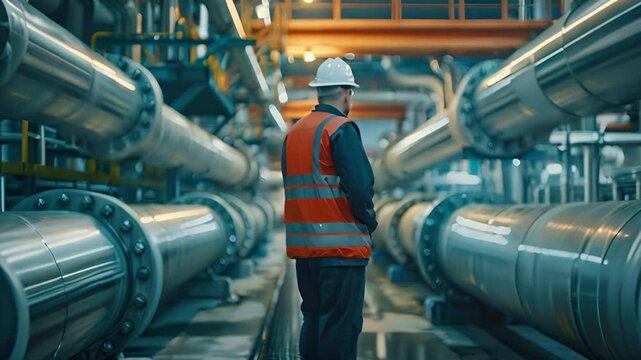 Male worker stands inspection at long steel pipe and pipe elbow in gas station factory between refinery valves of oil pipeline recording inspection and gas