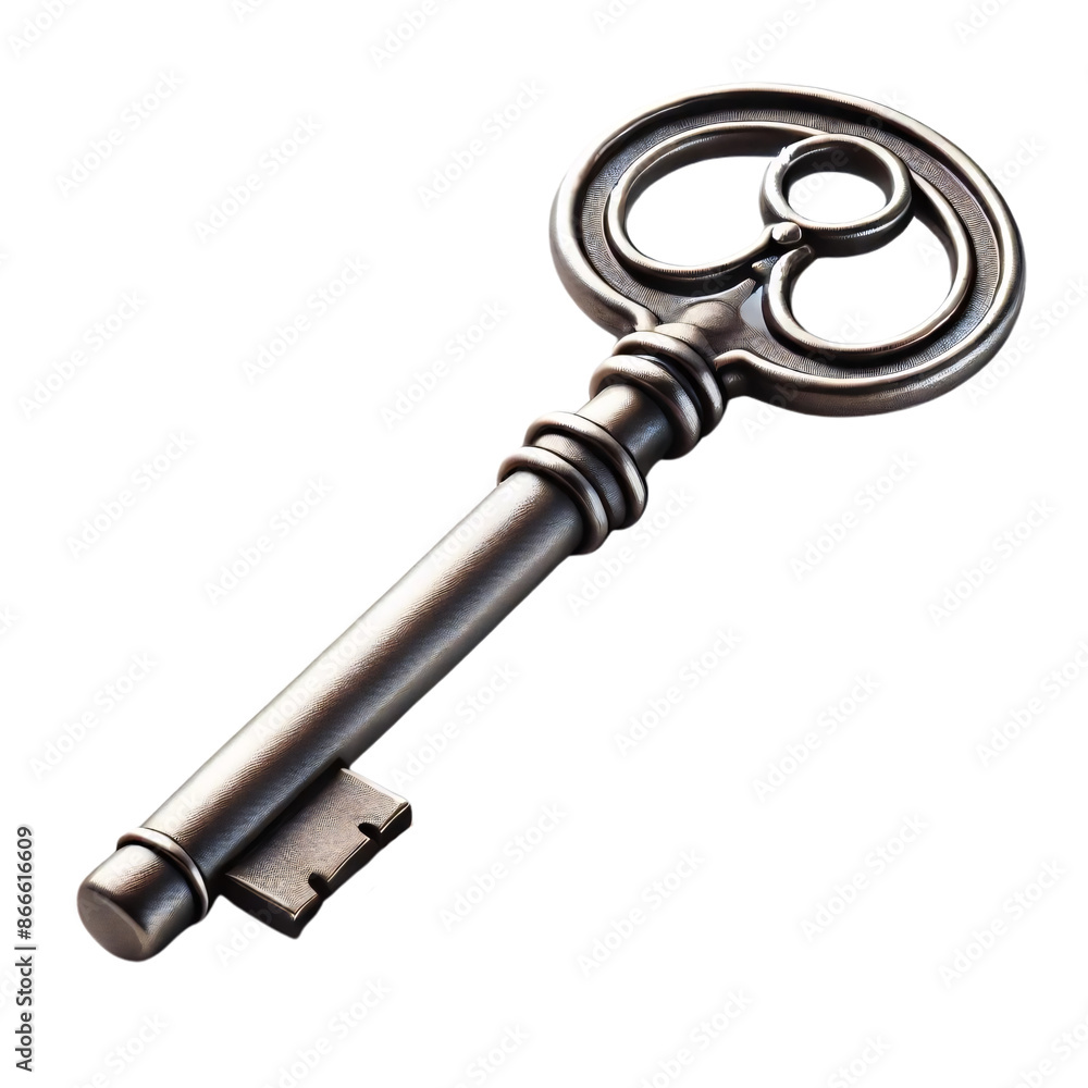 Poster an antique-style key with a distinctive round handle and a simple bit, depicted on a transparent bac