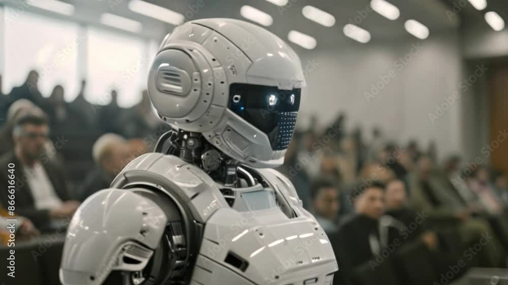 Aufkleber A white robot stands in front of a blurry crowd of people in a large room. The robot appears to be looking ahead, while the audience is out of focus in the background.