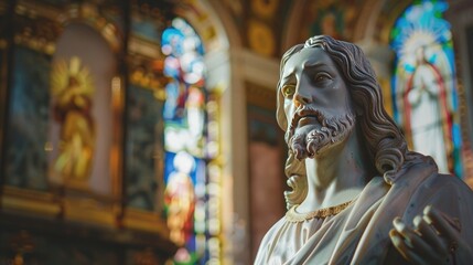 Obraz premium A beautifully crafted statue of Jesus, with a backdrop of richly colored stained glass windows, symbolizing divine grace and inspiration within the church