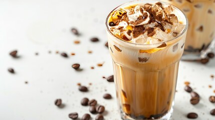 Close-up of latte ice coffee garnished with coffee beans on a white background, perfect for coffee lovers
