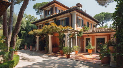 Fototapeta premium Italian House with Garden. Architecture Exterior with Windows. Residential Building (one family). Real Estate. Suburban Residence. Rome, Italy 