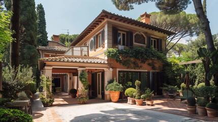 Obraz premium Italian House with Garden. Architecture Exterior with Windows. Residential Building (one family). Real Estate. Suburban Residence. Rome, Italy 