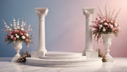 Naklejka premium Background podium column 3d roman luxury greek white ancient display product classic. Podium platform background column pillar stage minimal stand beauty design Greece render scene plant cosmetic Rome