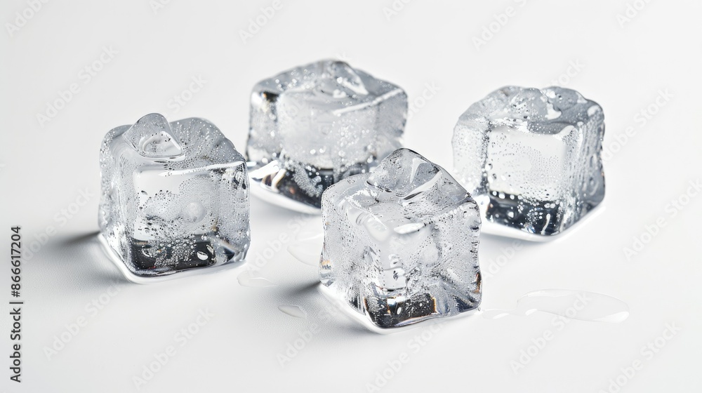 Poster close-up of three refreshing ice cubes isolated on a pristine white background, ready to cool your f