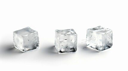 Obraz premium Close-up of three refreshing ice cubes isolated on white, highlighting their role in cooling beverages