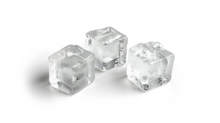 Close-up of three refreshing ice cubes isolated on white, highlighting their role in cooling beverages