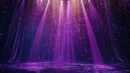 Glittering Gala: Golden Stage Opening with Spotlights and Luxurious Purple Light Streaks for a Grand Ceremony Background - A Burst of Opulence and Elegance