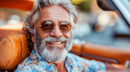 A close-up portrait of a senior man, with a long white beard and grey hair, wearing sunglasses and smiling brightly while sitting in a classic convertible