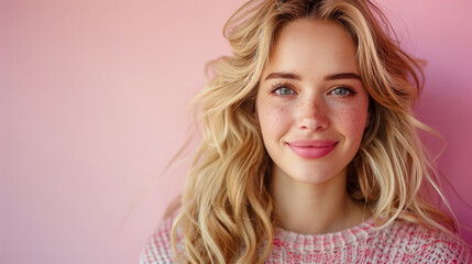 Fototapeta premium A young woman with long blonde hair smiles softly, her face illuminated against a pink wall