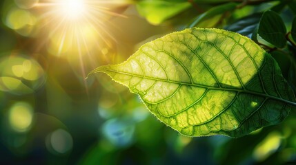 Green leaf illuminated by sunlight in a garden Nature background with room for text